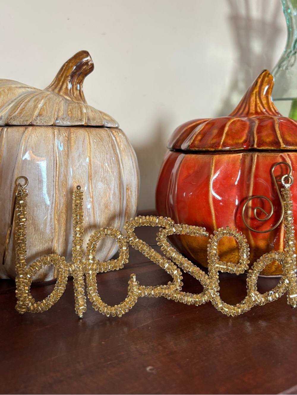 Blessed Ornament Sign - Beaded Gold Sparkly Thanksgiving Holiday Christmas Decor
